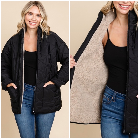 JODIFL Black Sherpa Lined Quilted Jacket - Picture 3 of 6